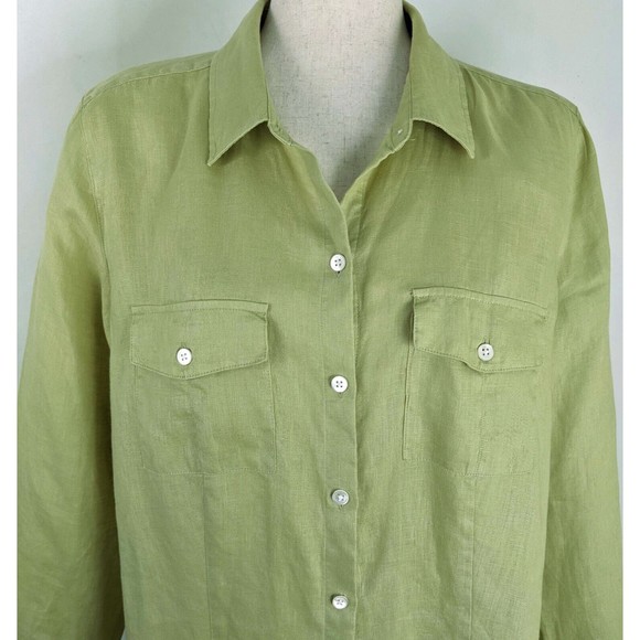 J. Jill Love Linen Women’s LG Button Up Shirt Chartreuse Green Long Sleeve - Picture 2 of 7